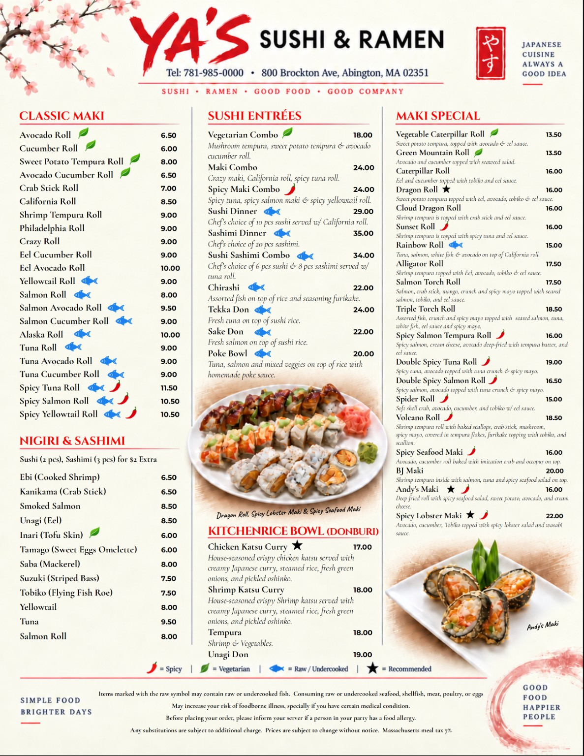 YA'S full menu page 2 with maki, sushi entrées, nigiri, sashimi and rice bowls
