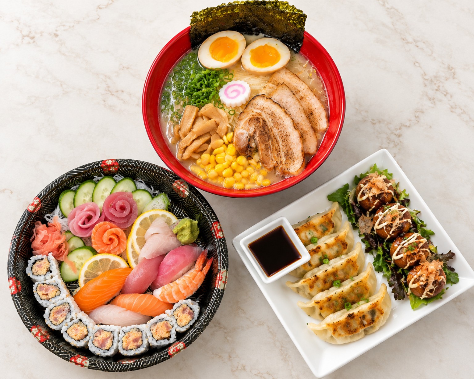 YA'S ramen, sushi, sashimi, gyoza and takoyaki